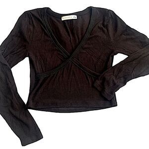 O. Vianca black ribbed v neck top cotton/spandex size small crisscross details